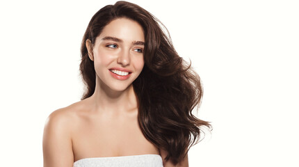 Portrait of Beauty Woman with Silky Hair Strands, Shiny Hair, Advertising Hair Treatment and Daily...