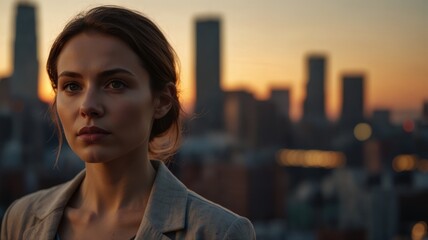 Urban sunset portrait of a woman city landscape lifestyle photography evening glow empowerment concept