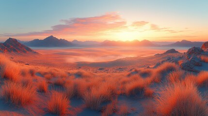 Awe-inspiring Desert Sunrise: A Breathtaking Panorama of Golden Hour Hues and Majestic Mountain Ranges.