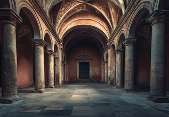 Fototapeta premium Abandoned Historical Hall with Majestic Arches and Columns, Illuminated by Soft Natural Light, Evoking a Sense of Timelessness and Mystery in an Ancient Setting