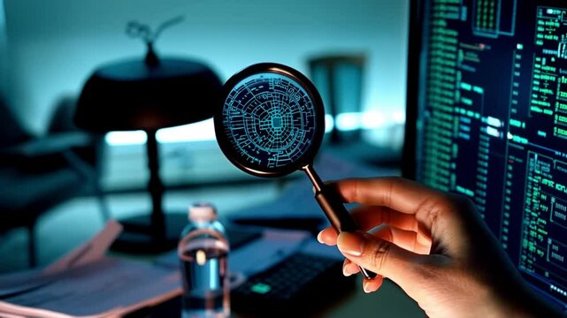 Hand holding magnifying glass over digital code interface, symbolizing data analysis, quality assurance, software testing and debugging