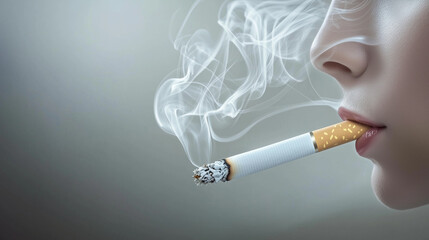 A close-up of a lit cigarette, with smoke elegantly swirling into abstract or artistic shapes. 