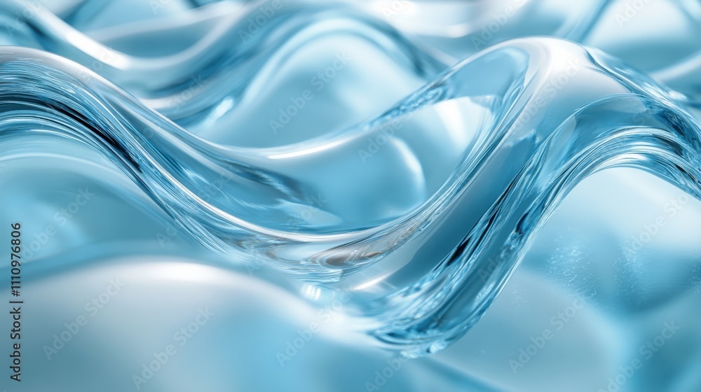 Poster abstract close-up of smooth wavy blue glass surface with light reflections creating a calming and se