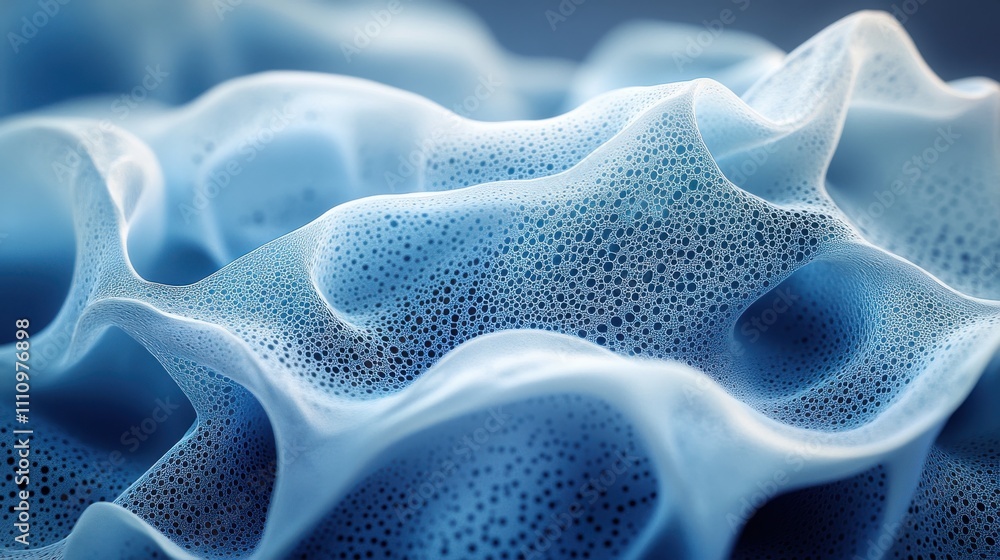 Poster Abstract close-up of soft blue waves showcasing delicate textures and intricate formations reminiscent of ocean foam or fluid patterns, creating a serene atmosphere.