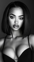 Fototapeta premium A striking young Black woman gazes intently at the camera in a black and white portrait.