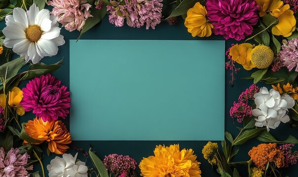 Colorful arrangement of flowers surrounding a blank turquoise card on a dark background showcasing creativity and nature's beauty