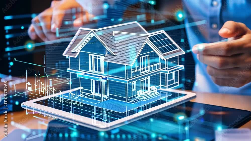 Poster architect showcasing tablet with holographic house project, exploring techniques in digital architec