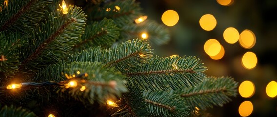 Decorating a pine tree with soft yellow lights during the festive season brings warmth and joy to the holiday atmosphere