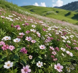 Fototapeta premium White and pink wildflowers in full bloom on green hill, serene, landscape, meadow