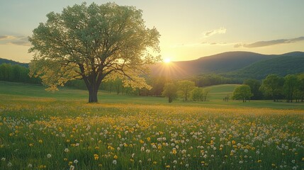 Obraz premium A breathtaking sunset over a meadow with wildflowers and mountains. A picturesque landscape of rural serenity. A tranquil scene of nature's beauty.