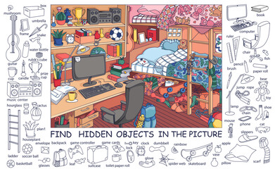 Find hidden objects in the picture. Teenager room interior with furniture and home objects. Cozy children room. Linear sketch vector illustration.