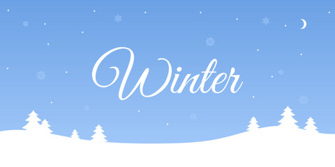 Winter landscape featuring snowy fields and trees. Vector background for for holiday greetings, seasonal banners and promotional designs