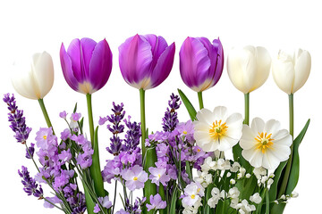 Vibrant spring tulips and lavender flowers garden setting floral arrangement nature scene
