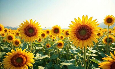 Obraz premium Wide-angle view of a sunflower field with tall stalks and vibrant yellow petals, natural scenery, field