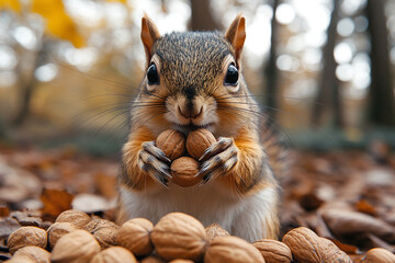 Adorable Squirrel Holding Walnuts Autumn Forest