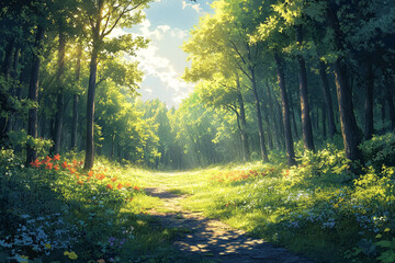 Obraz premium Sunlit Path Through A Lush Green Forest