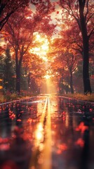 Autumnal Path: A Radiant Rain-Soaked Road Through a Colorful Forest