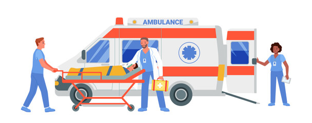 First aid to patient from ambulance team, urgent transportation to hospital. Paramedic employee, nurse and doctor transport man in oxygen mask on stretcher to emergency car cartoon vector illustration © Natalia