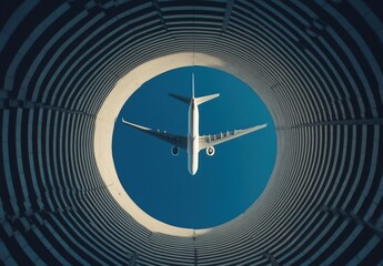 Aerial View of an Airplane Flying Through a Circular Structure Against a Clear Blue Sky, Showcasing Modern Architecture and Aviation