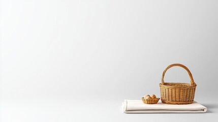 Rustic wicker baskets with various nuts on a simple white surface, showcasing natural textures and minimalistic design for modern decor and culinary presentations