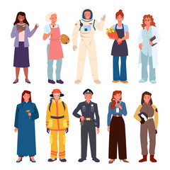 Women of different professions set. Diverse female workers in professional uniform, various strong and confident girls with career as businesswoman and teacher, astronaut cartoon vector illustration