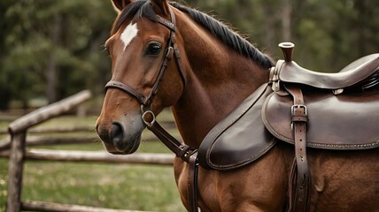 Fototapeta premium Close-up of brown horse with leather saddle in outdoor setting 