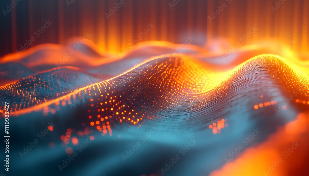 Poster Abstract Waves of Light and Color in Motion, Representing Digital Data and Technology with Vibrant Orange and Blue Patterns in a Fluid Stage of Dynamic Energy