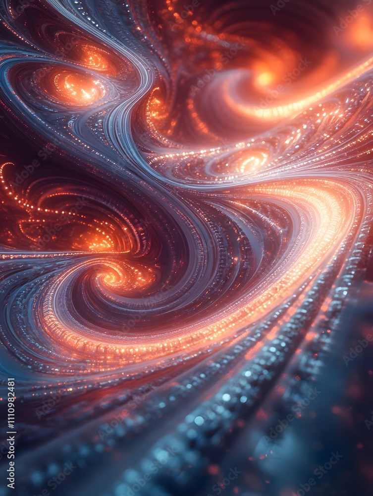 Poster abstract swirling patterns with dazzling glows in a vibrant color palette of orange and blue reflect