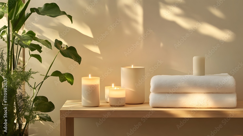 Aufkleber serene home spa setting with soft lighting, cozy towels, and peaceful greenery creating a relaxing a