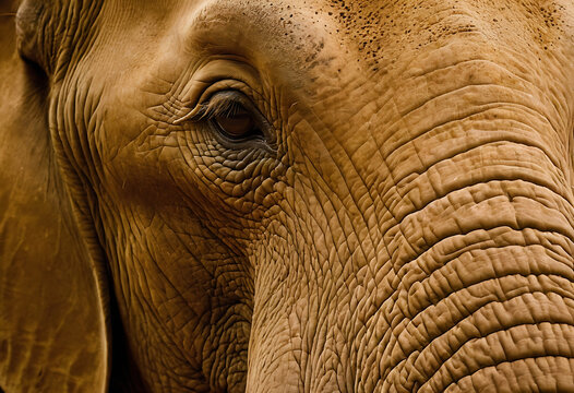 Detailed elephant face with deep wrinkles.