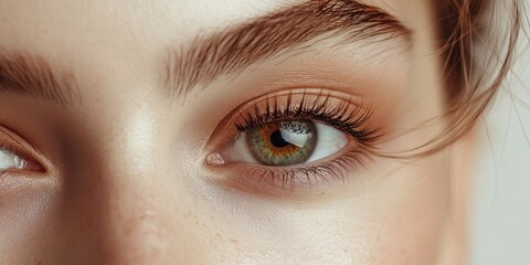Obraz premium Close-up of a young woman's striking green and brown eye highlighting natural beauty and detailed eyelashes surrounded by soft skin tones during daylight