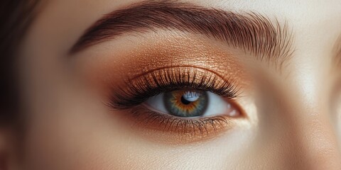 Fototapeta premium Close-up view of a woman's eye showcasing intricate makeup details with a gold and bronze color palette