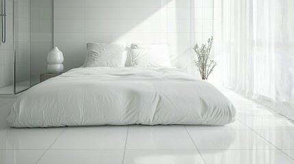 Serene Modern Bedroom with Soft White Bedding and Natural Light Streaming Through Sheer Curtains in a Minimalist Space for a Calming Atmosphere