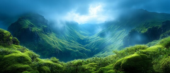 A lush green valley surrounded by majestic mountains under a sky filled with fluffy clouds.