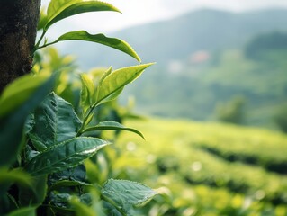 Fototapeta premium Close-up view of fresh tea leaves in a lush plantation in the hills during a sunny afternoon highlighting nature's beauty