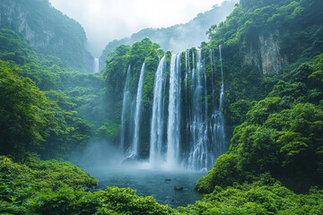 Fototapeta premium Majestic Waterfall Cascading Down Lush Green Cliffs