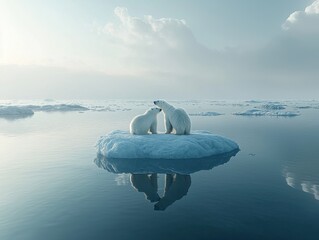 Fototapeta premium Polar bears rest on an ice floe surrounded by a tranquil sea at dawn, showcasing their bond and the serene beauty of the Arctic environment