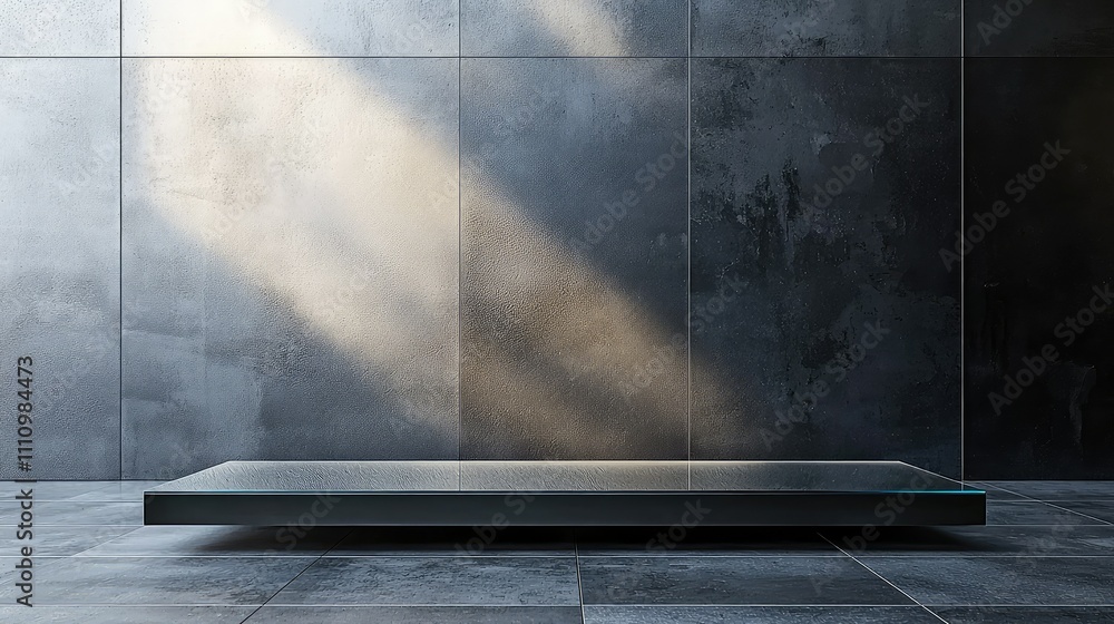 Poster modern interior with minimalist design showcasing an empty display platform under natural light in a