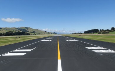 Fototapeta premium Aircraft Runway Perspective with Clear Skies and Scenic Mountain Background in a Rural Airport Setting
