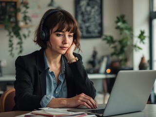 Focused Moments in the Office - A woman immersed in her work in a modern office surrounded by green plants