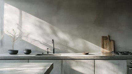 Minimalist Kitchen Design with Concrete Finishes, Natural Light, and Simple Accessories Highlighting Modern Aesthetic and Functional Elements