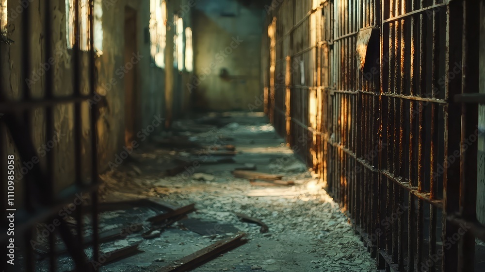 Poster abandoned prison corridor with rusty bars and light streaming through windows, capturing the somber 