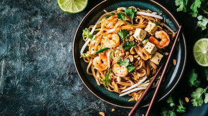 Photo of, A delightful plate of shrimp pad Thai noodles with tofu, bean sprouts