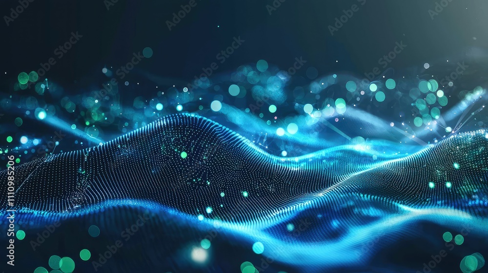 Poster abstract blue waves with glowing dots creating a dreamy digital landscape of light patterns and move