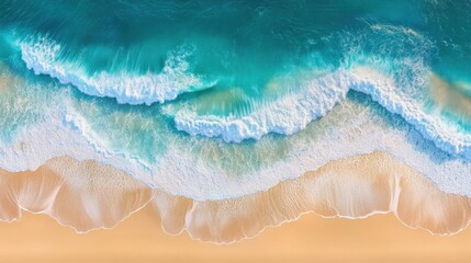 Obraz premium Beautiful aerial view of ocean waves crashing on sandy beach during bright sunny day with clear turquoise water and gentle shoreline