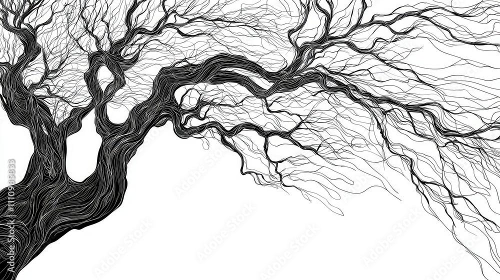 Poster intricate black and white illustration of a stylized tree with flowing branches, captivating nature 