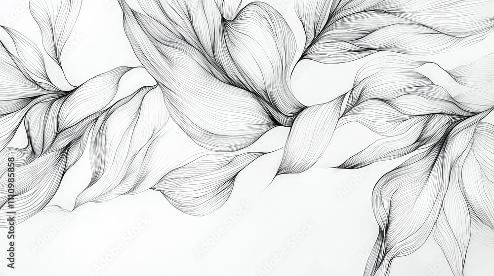 Poster elegant thin line drawing of flowing leaves in black and white, abstract organic shapes creating a b