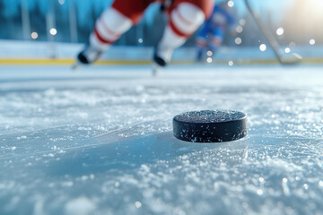 Ice hockey players on the ice, close-up of the puck