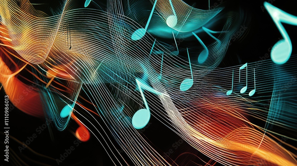 Poster abstract representation of colorful music notes flowing through vibrant waves, showcasing intensity 