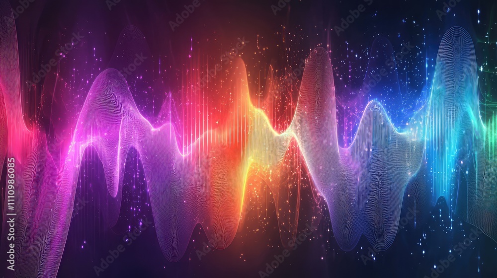 Poster vibrant abstract sound waves with colorful lines and dots illustrating energy and music in a dark ba